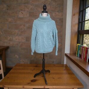 Elegant‎ Cable Knit Turtleneck Sweater - Light Turquoise.